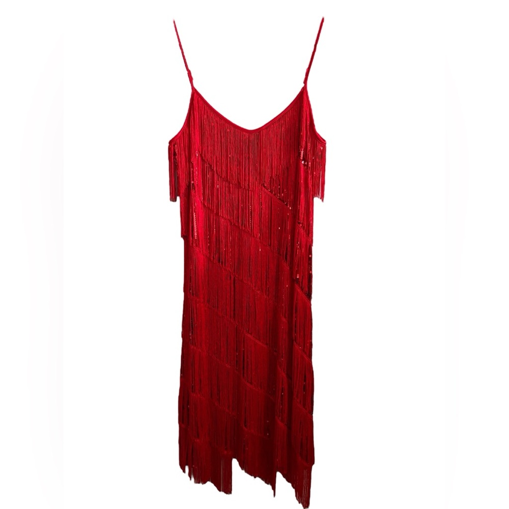 Anna-Kaci Chic Red Fringe and Sequins Midi Strappy Dress - Picture 3 of 8